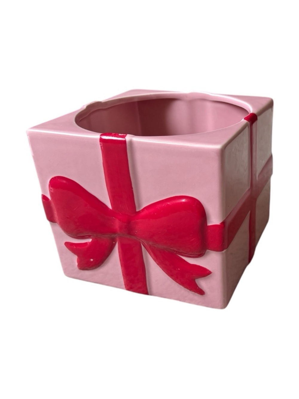 Pink Ceramic Square Gift Box Planter with Red Bow, Decorative Holiday Accent